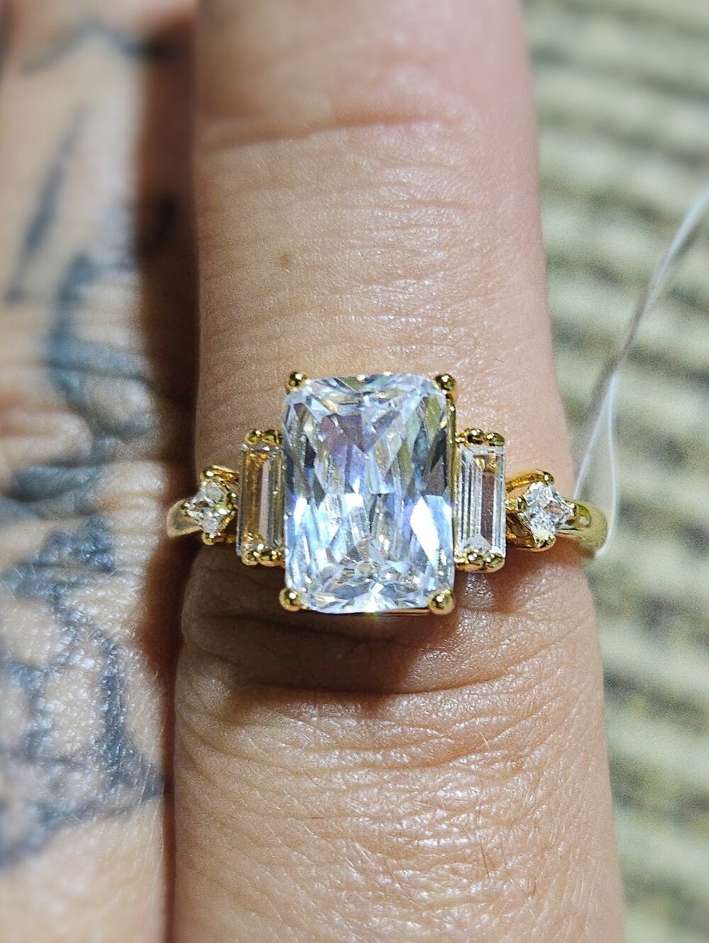 18k Gold Filled Radiant-Cut Three-Stone Ring with Baguette Accents